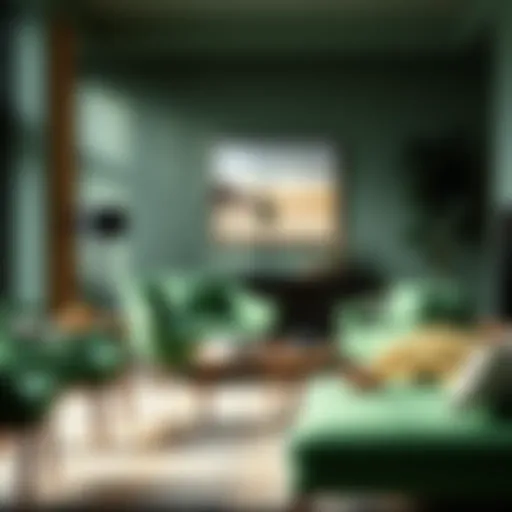 Elegant green upholstered armchair in a modern living room setting