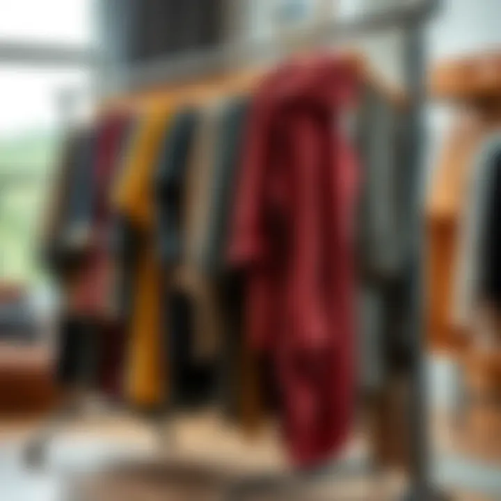 Variety of garments displayed on a long rack