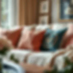 A collection of decorative pillows on a stylish sofa, showcasing various textures and colors