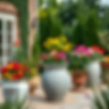 Elegant Outdoor Patio with Vibrant Flower Pots Elegant outdoor patio featuring large ceramic pots filled with vibrant flowers