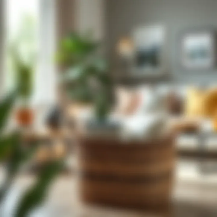 Stylish Living Space with Extra Large Storage Basket A beautifully arranged living space featuring an extra large storage basket filled with decorative items.