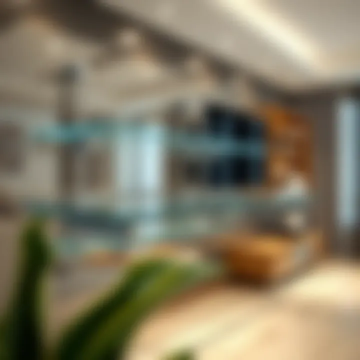 Close-up of glass floating TV shelf installation details