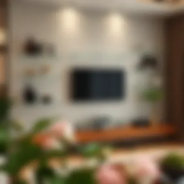 Innovative setup of glass floating TV shelves with decorative items