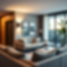 Modern light plug-in sconce illuminating a contemporary living room