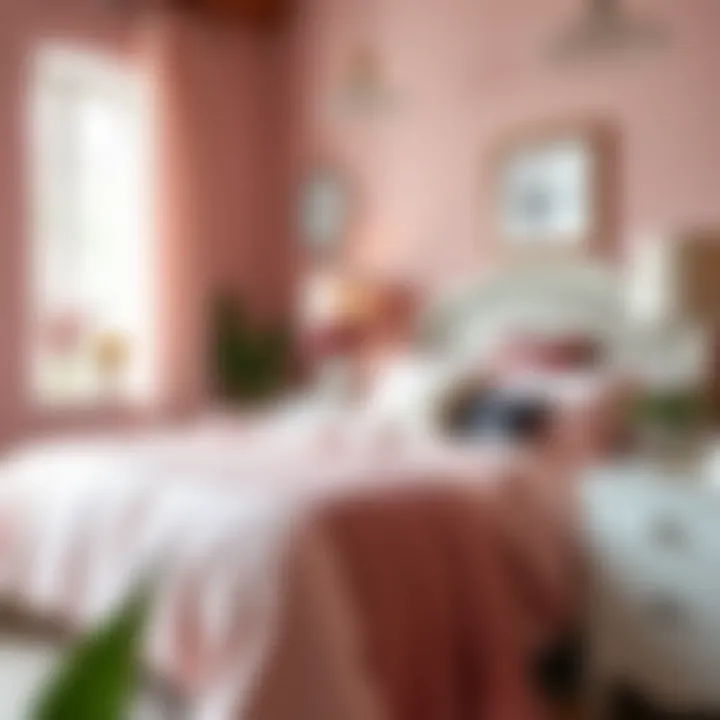 A cozy bedroom with pink bedspread and complementary decor