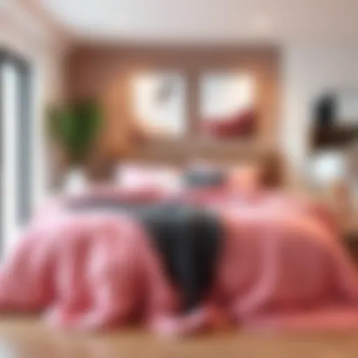 Elegant pink full-size bedspread styled in a modern bedroom setting