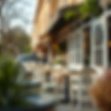 Stylish outdoor cafe environment featuring white chairs