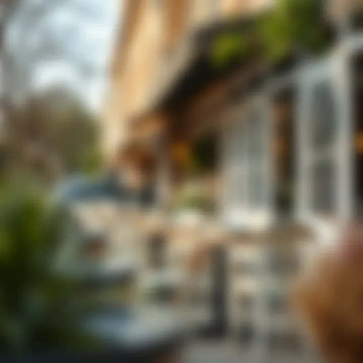 Stylish outdoor cafe environment featuring white chairs