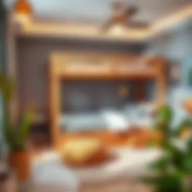 Cozy bedroom featuring a stylish wood bunk bed with drawers