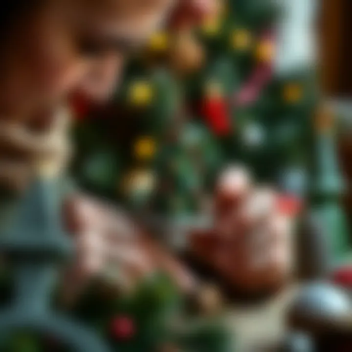Crafting Personalized Ornaments An artist creating a personalized mini Christmas tree ornament using sustainable materials.