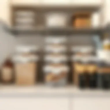 Organized Kitchen with Labeled Plastic Containers An organized kitchen space featuring labeled plastic containers with dividers