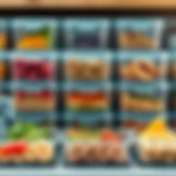 A stylish arrangement of plastic food containers with dividers showcasing various meal options