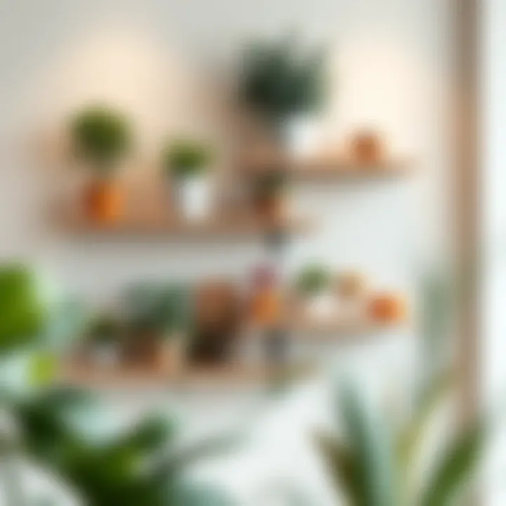 Creative arrangement of wall mounted shelves with plants