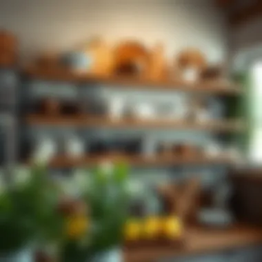 Rustic wooden wall shelves displaying kitchenware