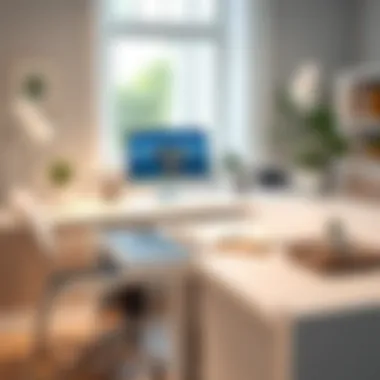 Stylish Workspace with White Desk and Pull-Out Tray Stylish workspace featuring a white desk with pull-out tray