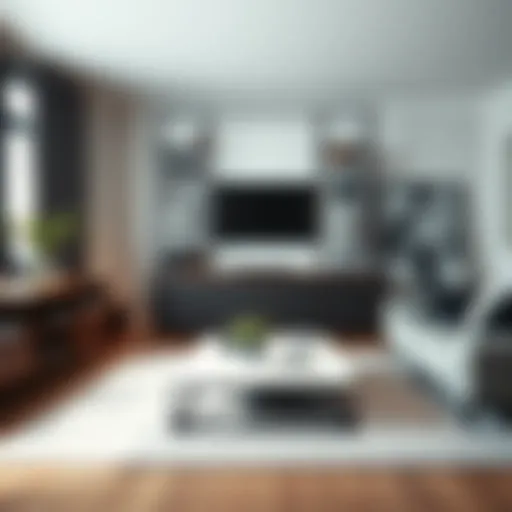 Modern Living Room with Wire Frame Storage Elegant wire frame storage rack in a modern living room setting