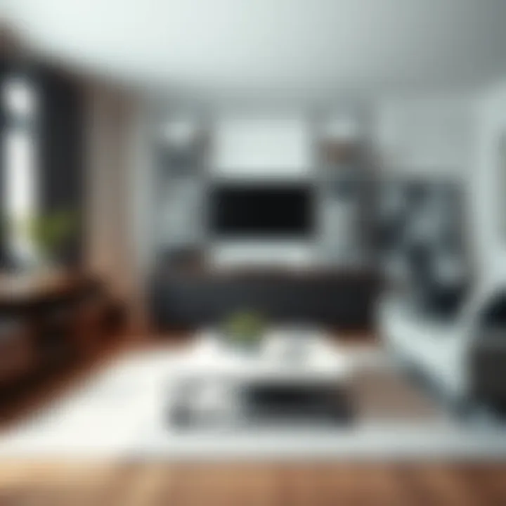 Modern Living Room with Wire Frame Storage Elegant wire frame storage rack in a modern living room setting