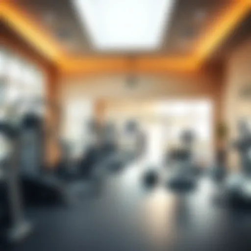 Spacious Home Gym with Wall-Mounted Mirror A spacious home gym featuring a large wall-mounted mirror that enhances light and space.