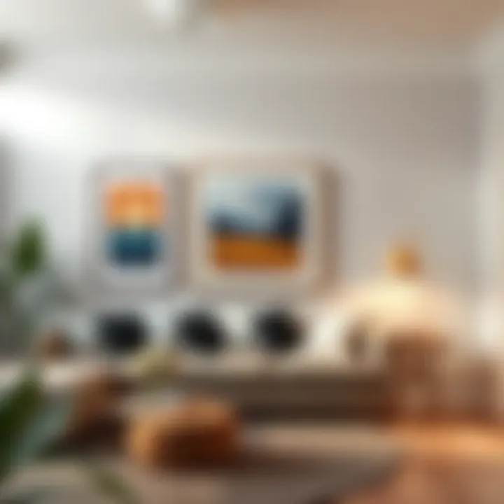 A joyful living room showcasing framed artwork on the walls