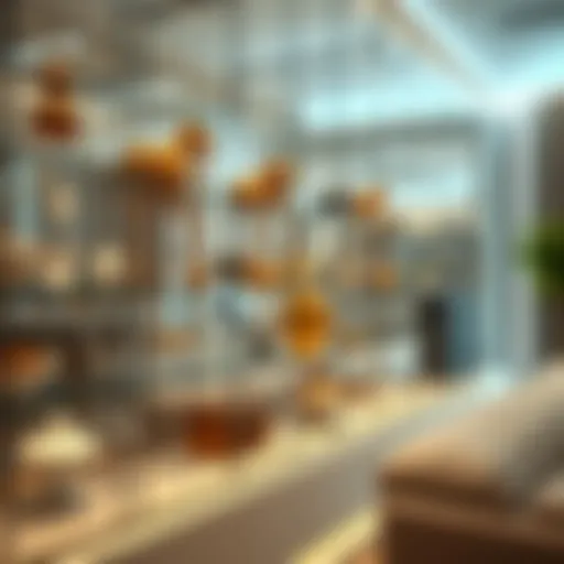 Elegant glass display shelves showcasing collectibles