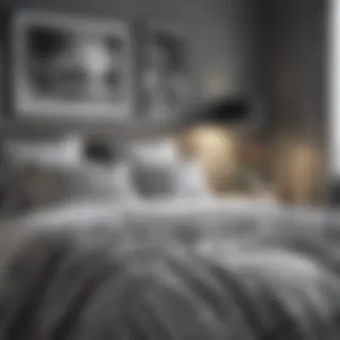 Integration of Grey Stripes in Modern Bedroom Decor Modern bedroom design showcasing grey stripes in various elements