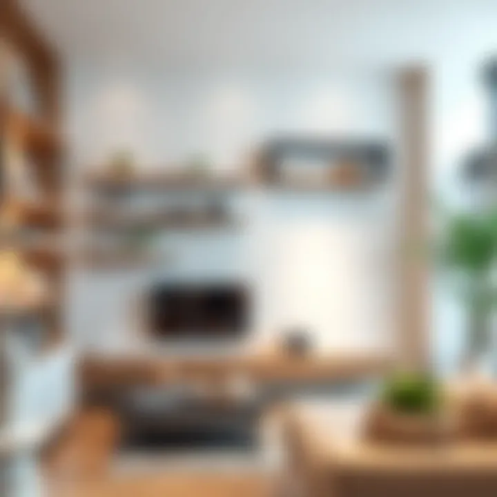 Modern floating shelves in a stylish living room