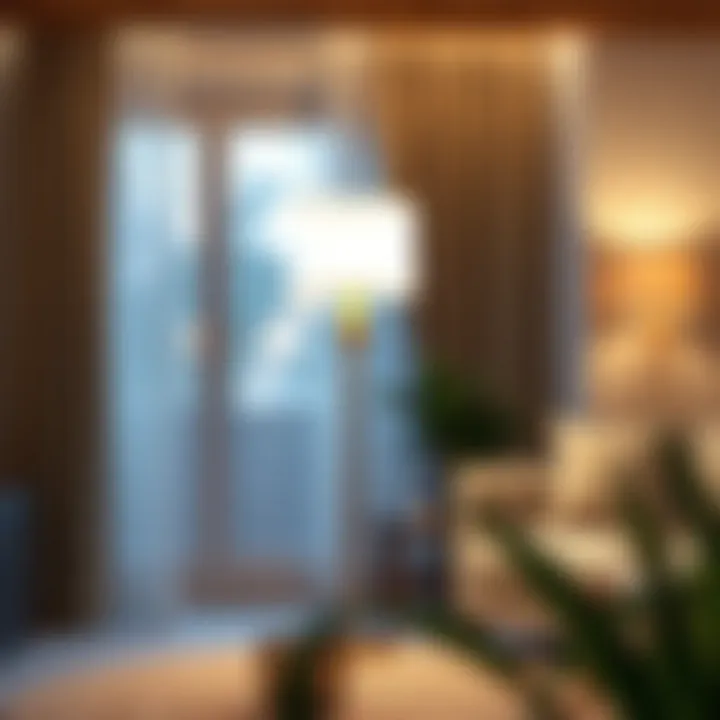 Elegant modern floor lamp illuminating a cozy living room