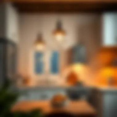 Warm Ambiance with Small Pendant Lights Warm ambiance created by small pendant lights in a compact kitchen