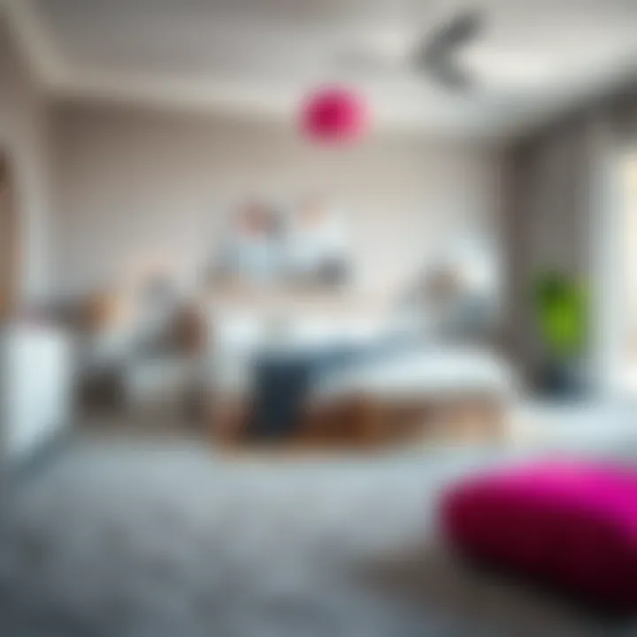 Contrasting Decor with Grey Carpets Grey carpet paired with contrasting vibrant decor