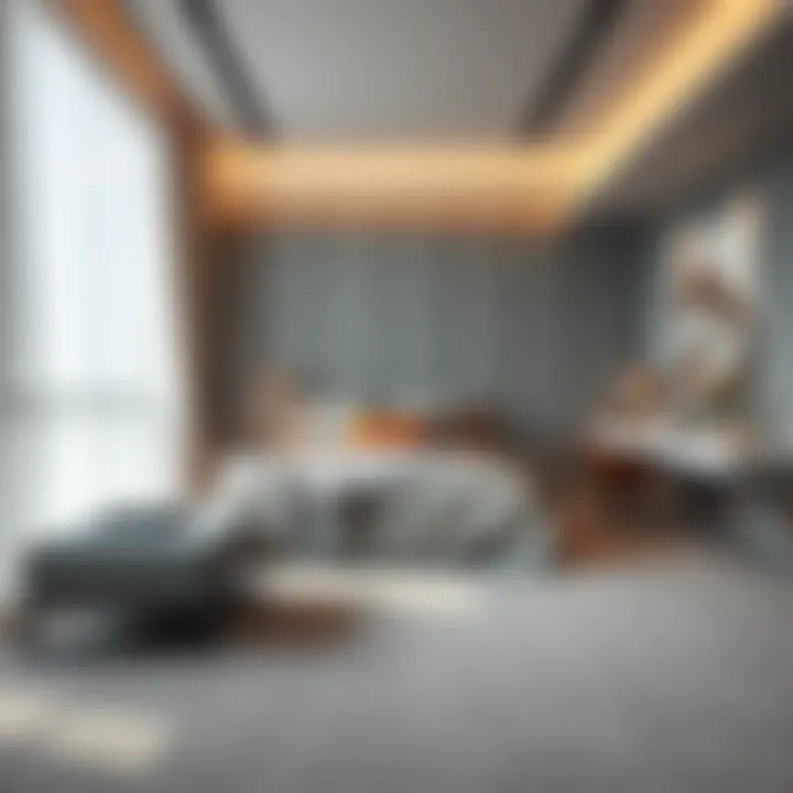 Minimalist Bedroom Design Featuring Grey Carpet Grey carpet complementing a minimalist bedroom design