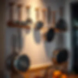 Stylish wall-mounted hooks displaying an array of pots and pans