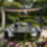 Elegant large patio dining table set in a lush garden