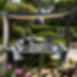 Elegant large patio dining table set in a lush garden