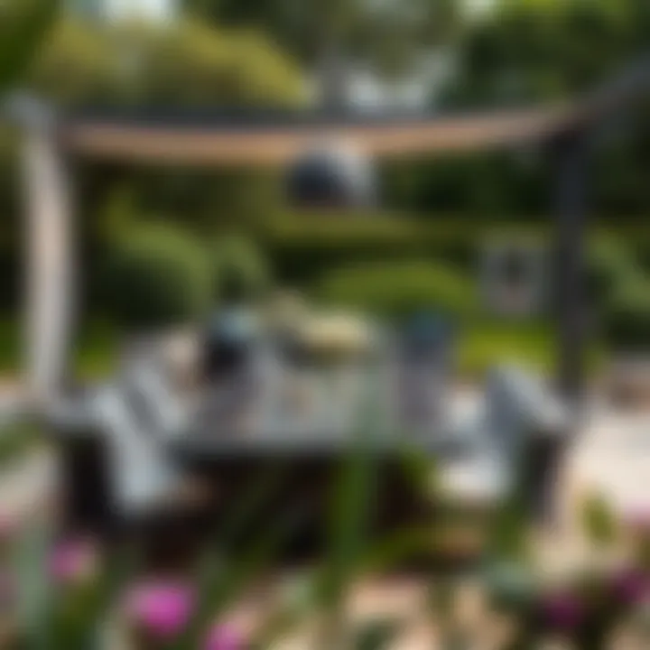 Elegant large patio dining table set in a lush garden