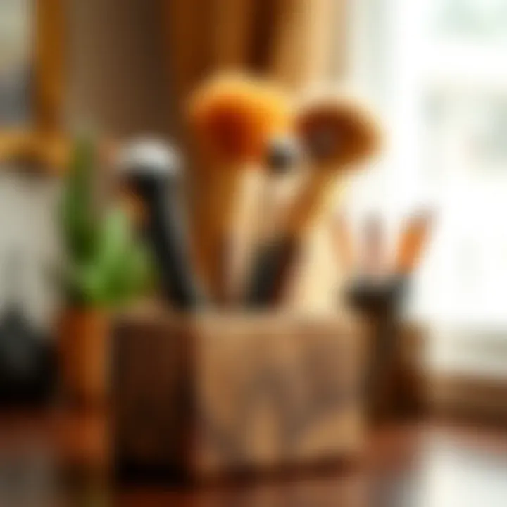 Chic wooden brush holder with an artistic touch