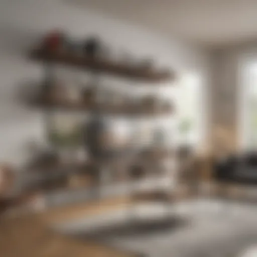 Elegant open shelving showcasing decorative items and books in a modern living room.