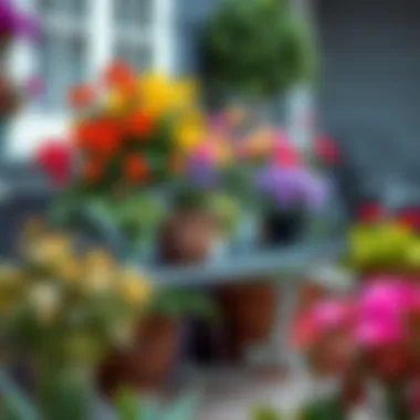 Vibrant Arrangements on a Metal Bench Stand Colorful plants arranged on a decorative metal bench stand