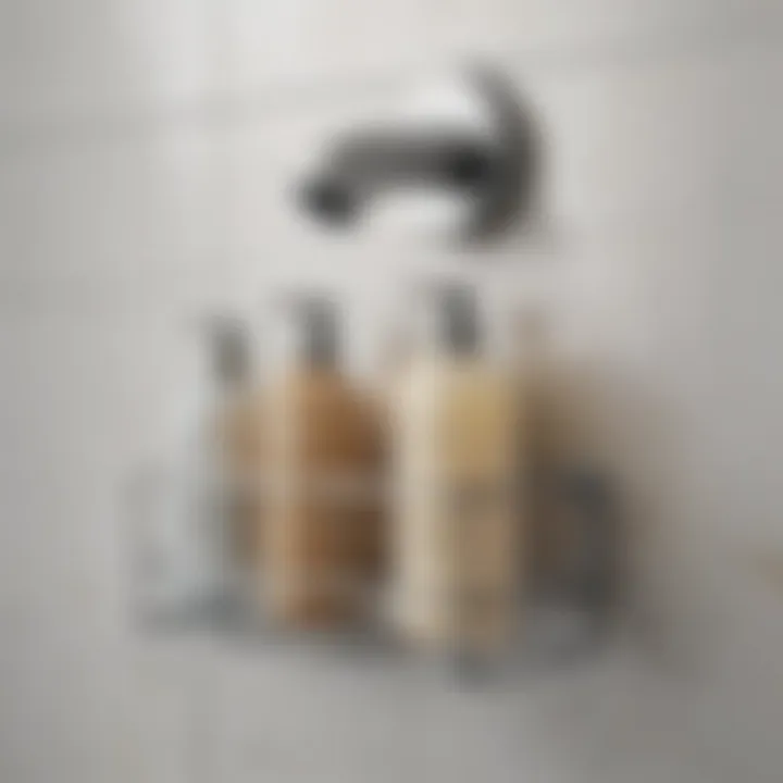 Close-up of a functional shower caddy dispenser highlighting innovative features