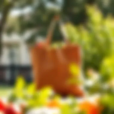 A stylish and eco-friendly grocery tote displayed against a natural backdrop