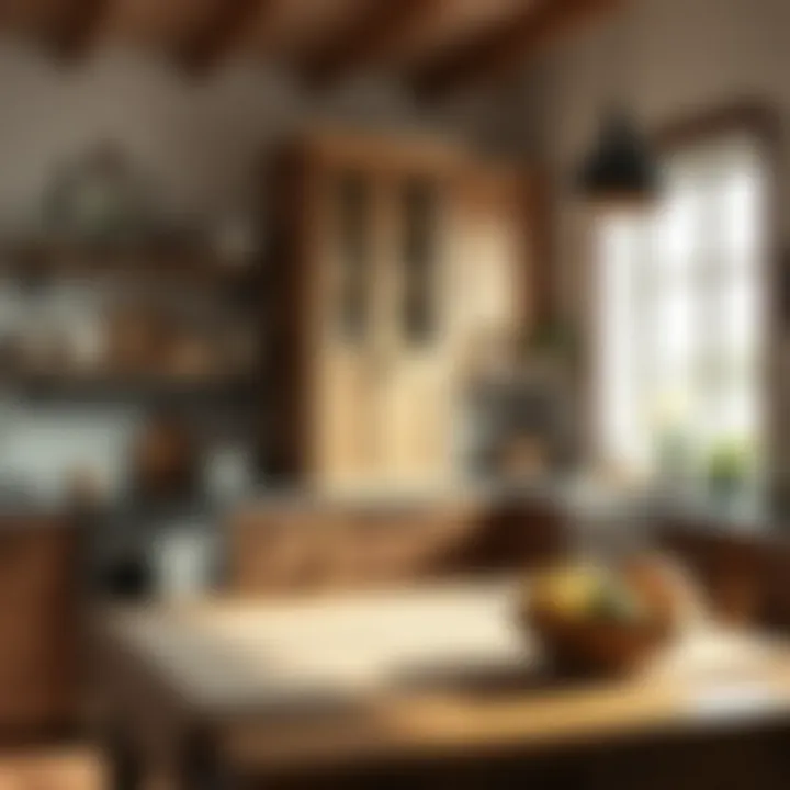 Wooden tall slim corner cabinet in a rustic kitchen