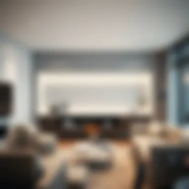 Minimalist white metal floating shelf in a modern living room