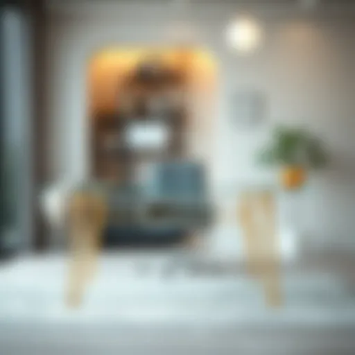 Modern Office Elegance Sleek glass desk with elegant gold legs in a modern office setting