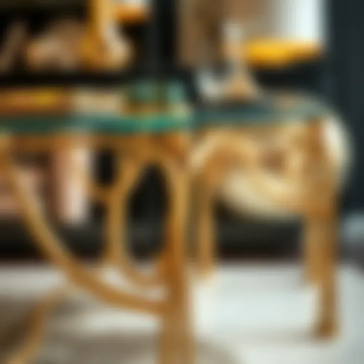 Close-up of the intricate design of gold legs on a glass desk