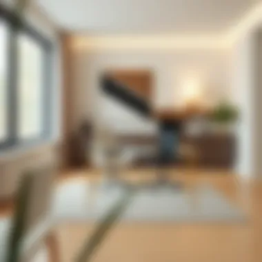 Minimalist home office featuring a glass desk with gold legs