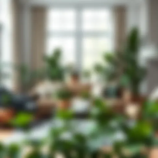 Lush greenery of various faux plants arranged in a stylish living room setting