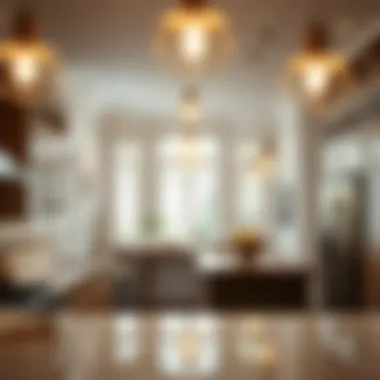 Diverse types of hanging lights in an elegant kitchen