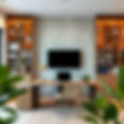 Modern desk and bookcase arrangement in a stylish office