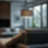 Stylish gray drum lamp shade illuminating a modern living room