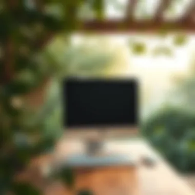 A wooden computer in a serene natural setting, highlighting its sustainability aspect.
