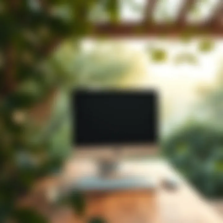 A wooden computer in a serene natural setting, highlighting its sustainability aspect.